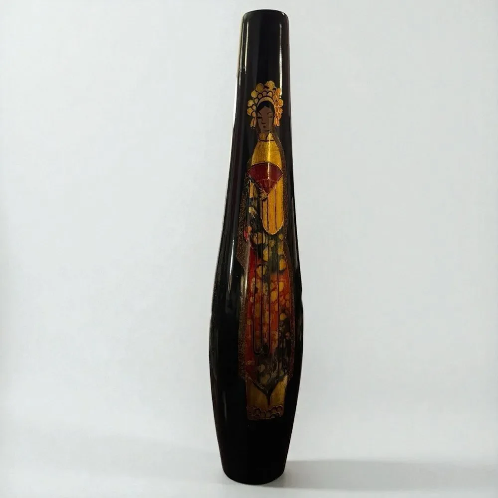 Vintage Japanese Gilded Gold Black Lacquer Tall Vase